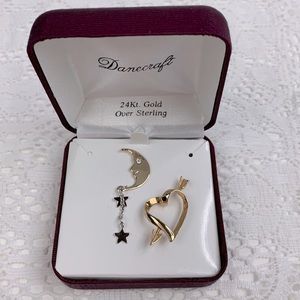 Danecraft 24K Gold over Sterling Silver Pin set Heart Moon Stars New NWT